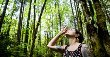 A student measures the trees in the forest on campus.