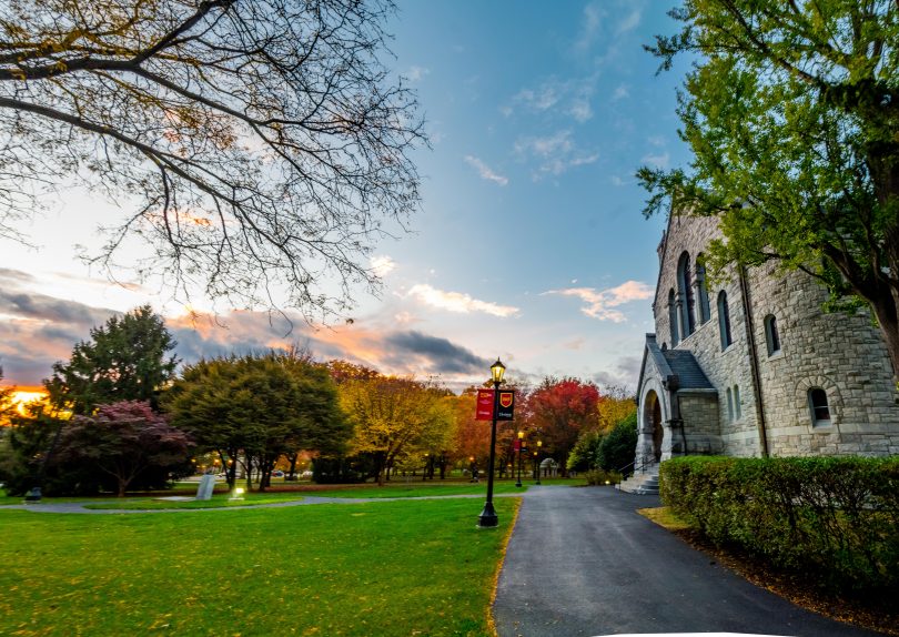 Walkway in front of Bomberger Hall during the fall