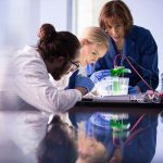 Southwestern University students work with a professor in a science lab