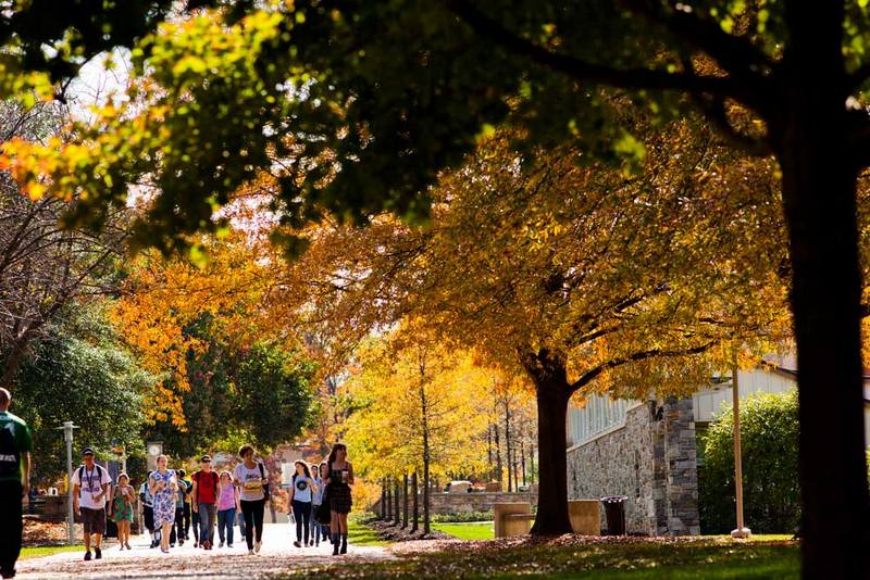 Goucher College students walk across campus on a fall day