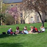 Wheaton College students study together on the lawn