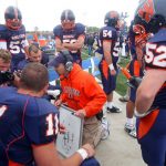 The Wheaton College football team huddles with the coach
