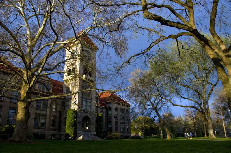 A view of the Whitman College campus on a spring day