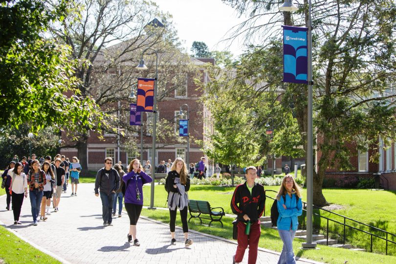 Cornell College students walk to class on a sunny fall day