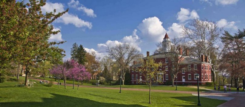 A college campus on a beautiful spring day