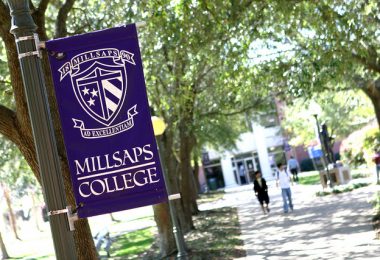Millsaps College students walk across campus on a spring day