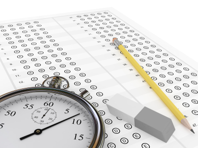 A test booklet, pencil, eraser, and stopwatch