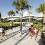 Students walking and hanging out in front of James Center.
