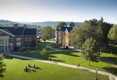 Arial photo of Juniata College campus facing towards von Liebig Center for Science and Founders Hall.