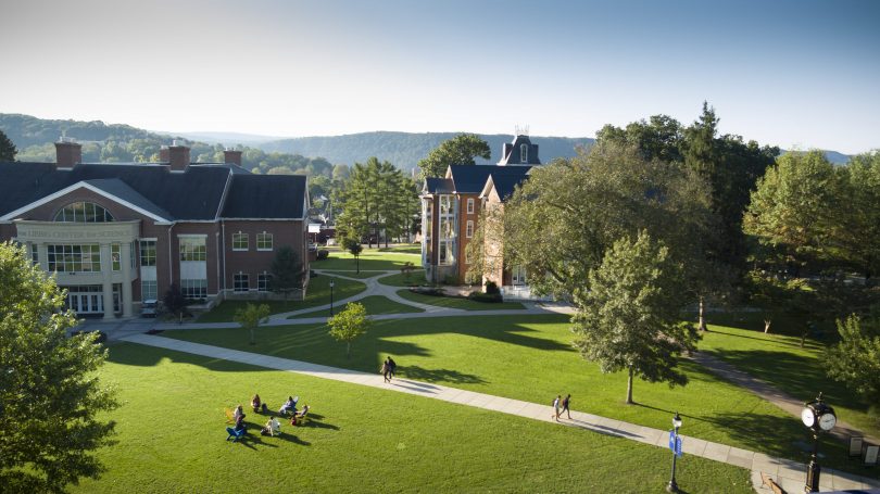 Arial photo of Juniata College campus facing towards von Liebig Center for Science and Founders Hall.