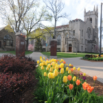 Tulips bloom in front of Hope College's Dimnent Chapel