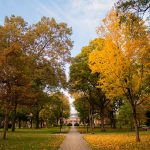 Guilford College’s Founders Hall, photographed at the height of autumn.