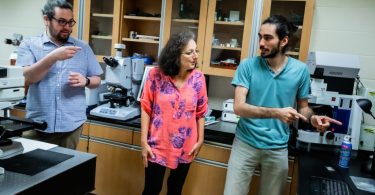 Physics students and professors working together in a lab at New College of Florida